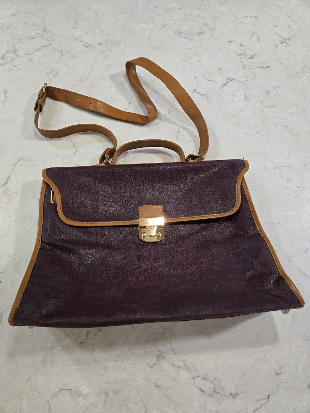 Escada Plum Leather-Trim Satchel with Gold Hardware